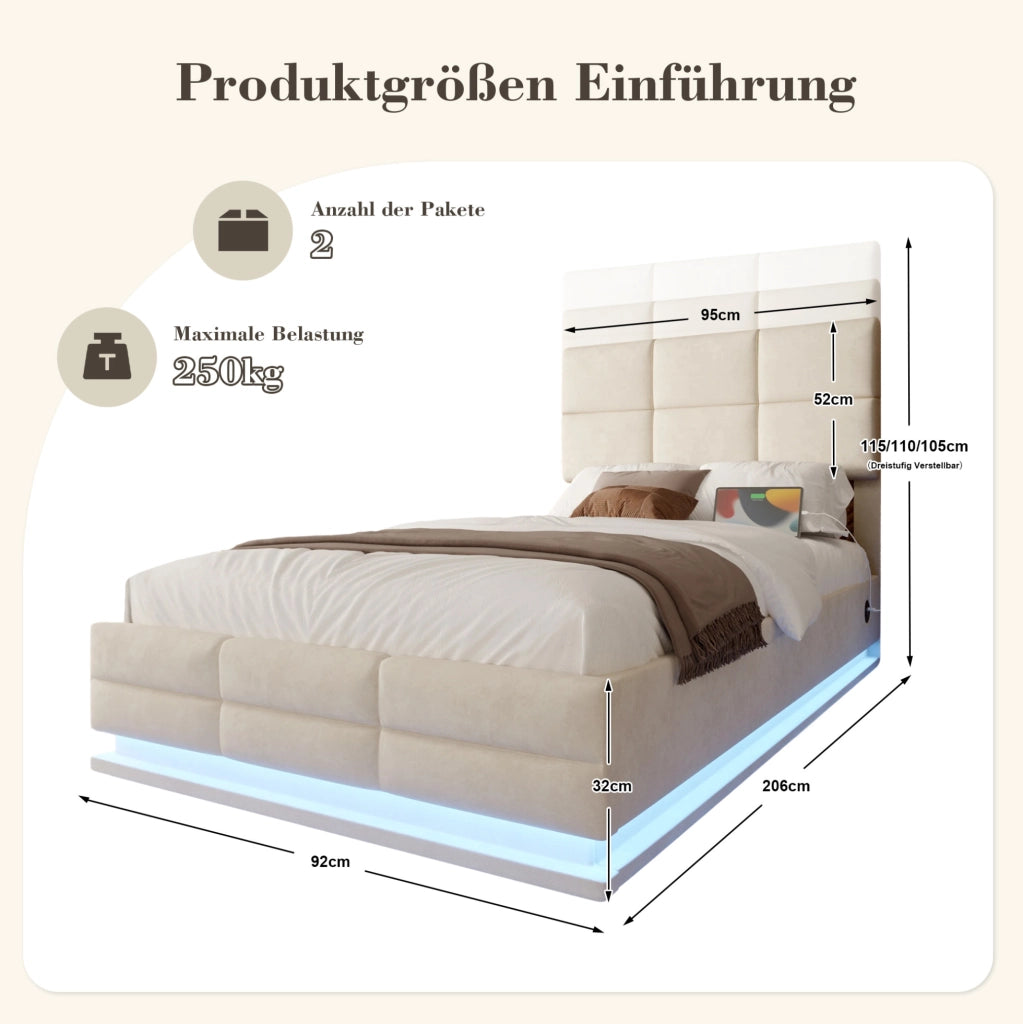 Letto singolo imbottito IVMEU 90x200 cm con contenitore, testiera regolabile, LED e porte USB, velluto beige