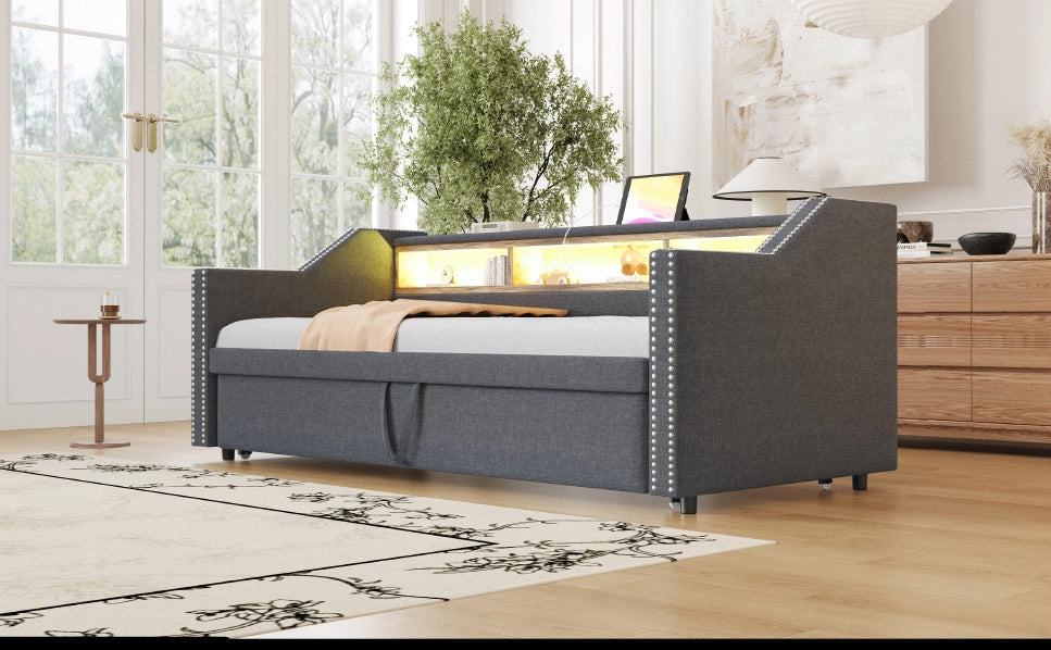 Divano Letto Salvaspazio con Contenitore, LED e Porta USB, 90/180 x 190 cm, Grigio Scuro, con Due Materassi a Molle