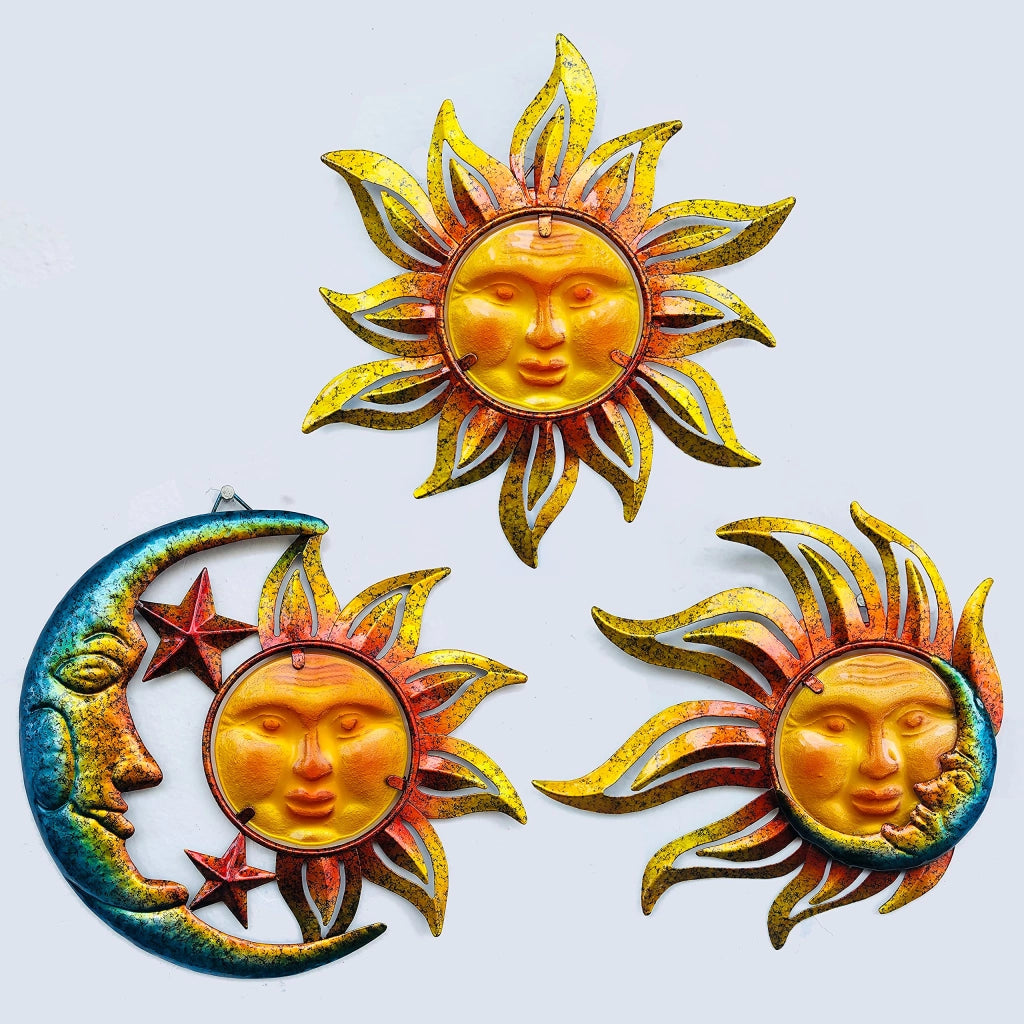 Decorazioni da parete a forma di sole, luna e stelle, in metallo, set da 3, dimensioni 22,9 x 20,3 cm