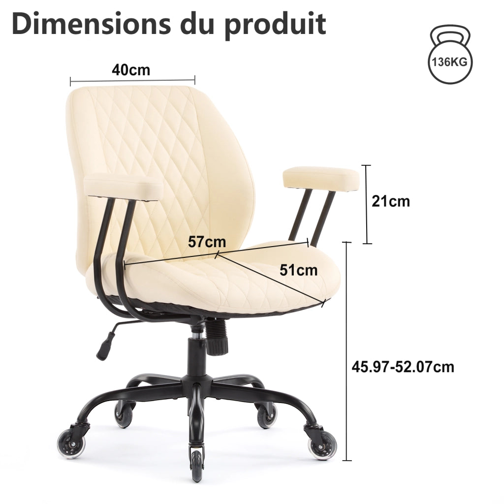 Poltrona da ufficio ergonomica in pelle color crema con braccioli opzionali