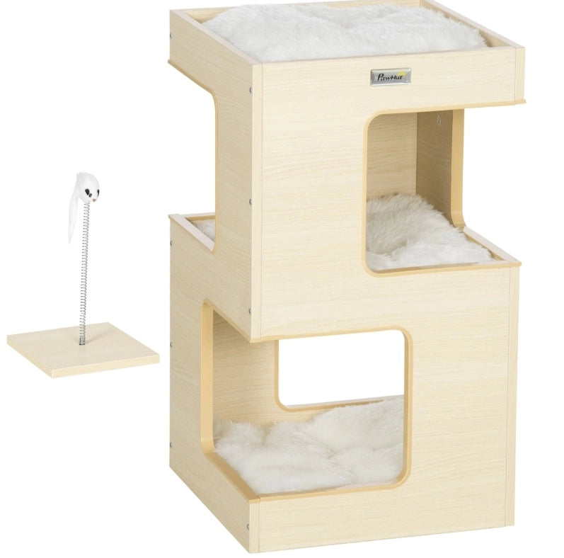Cuccia per gatto 34 x 34 x 60 cm in legno naturale e grigio chiaro con gioco