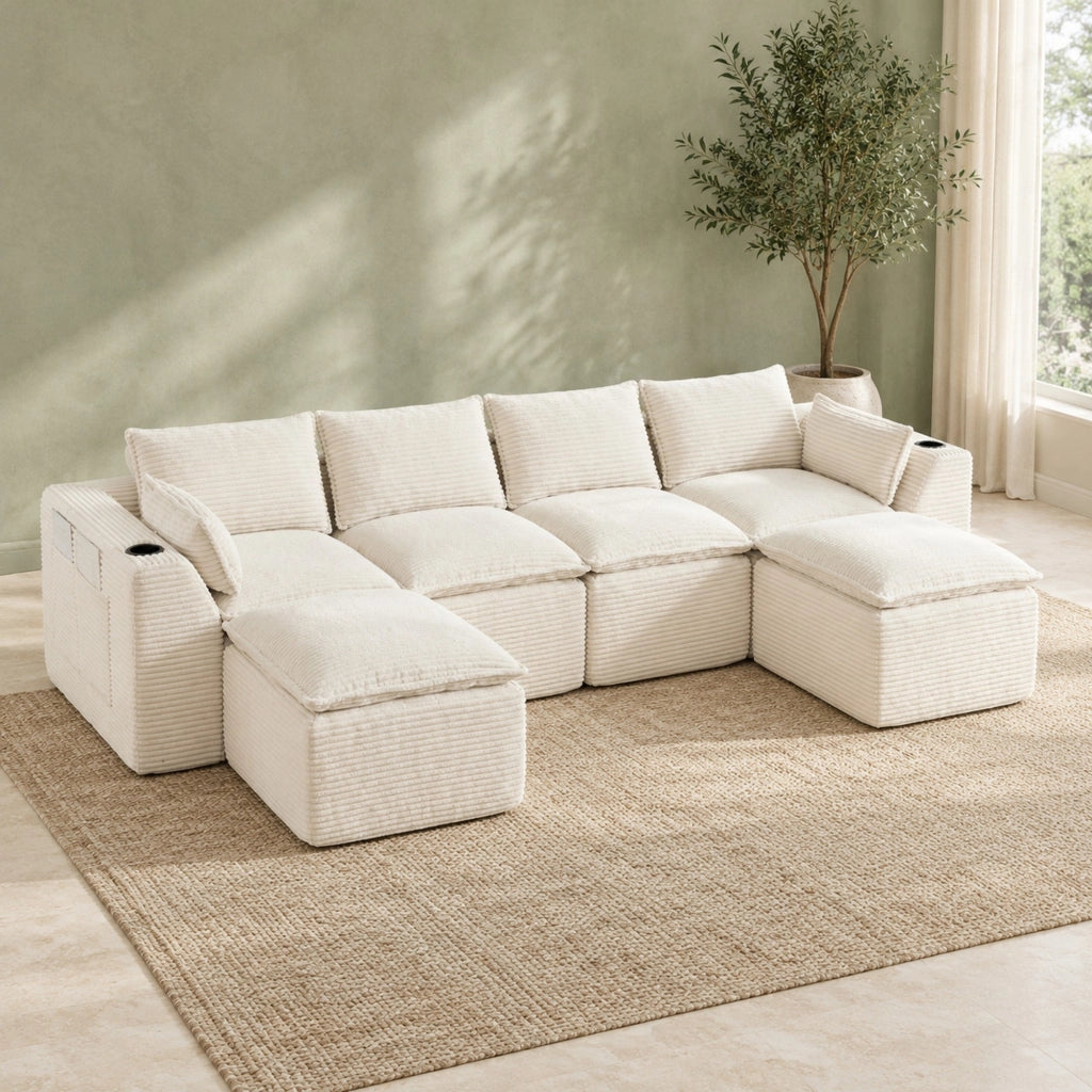 Divano modulare in velluto a coste beige con cuscini e tasche laterali