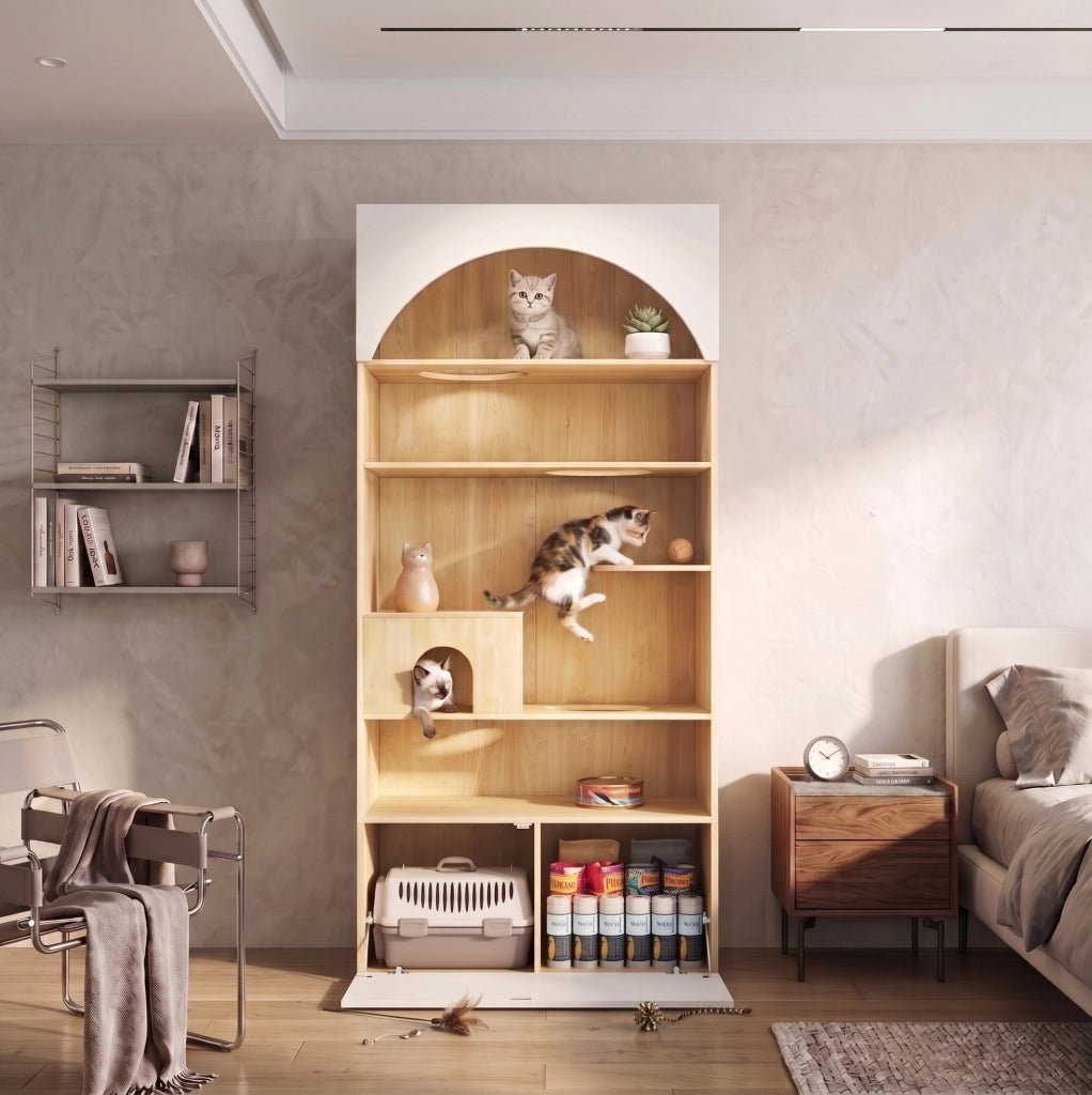 Mobile per gatti con piattaforme, tana e vani contenitori, 90 x 50 x 200 cm