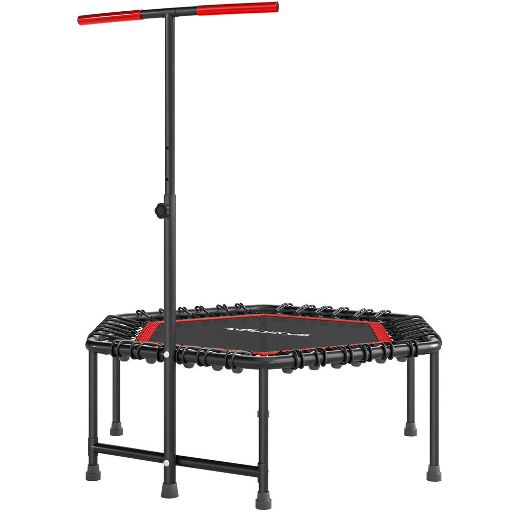 Trampolino fitness 114 cm con maniglia regolabile a 3 altezze e corde elastiche, trampolino elastico silenzioso da interno, rosso