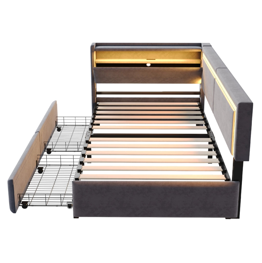 Divano letto singolo 90x200 cm con LED; USB; contenitore e cassetti in velluto grigio scuro