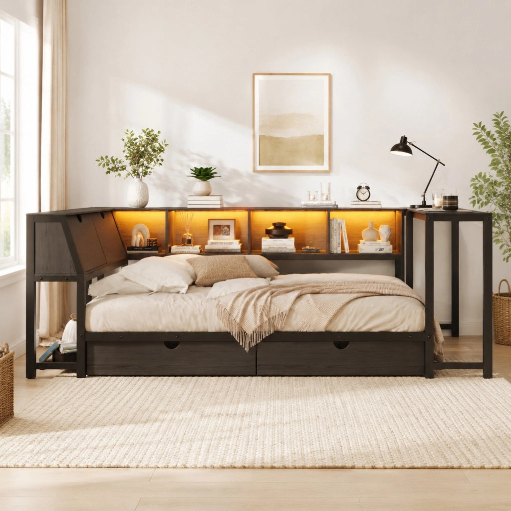Letto singolo 90 x 200 cm nero con scrivania, cassetti e luce a più colori
