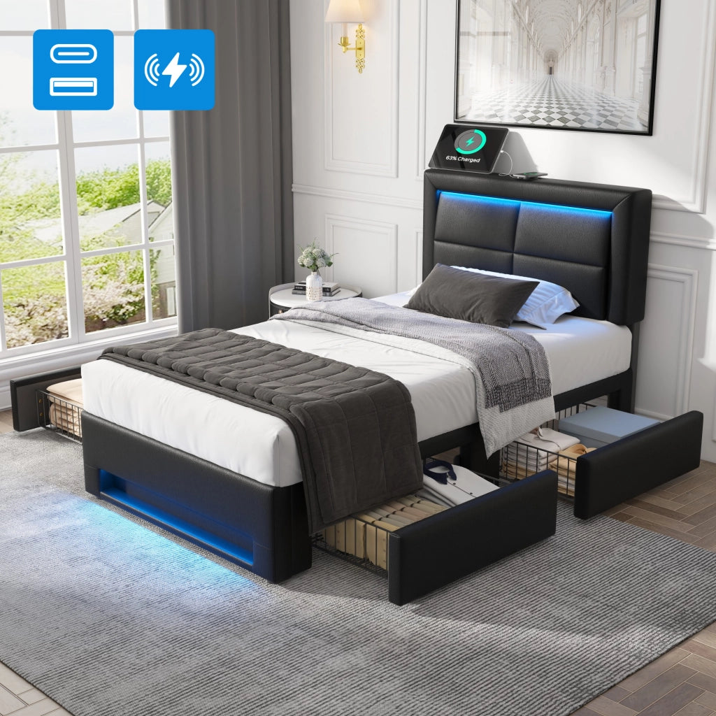 Letto imbottito 90x200 cm con quattro cassetti; LED e USB; PU nero