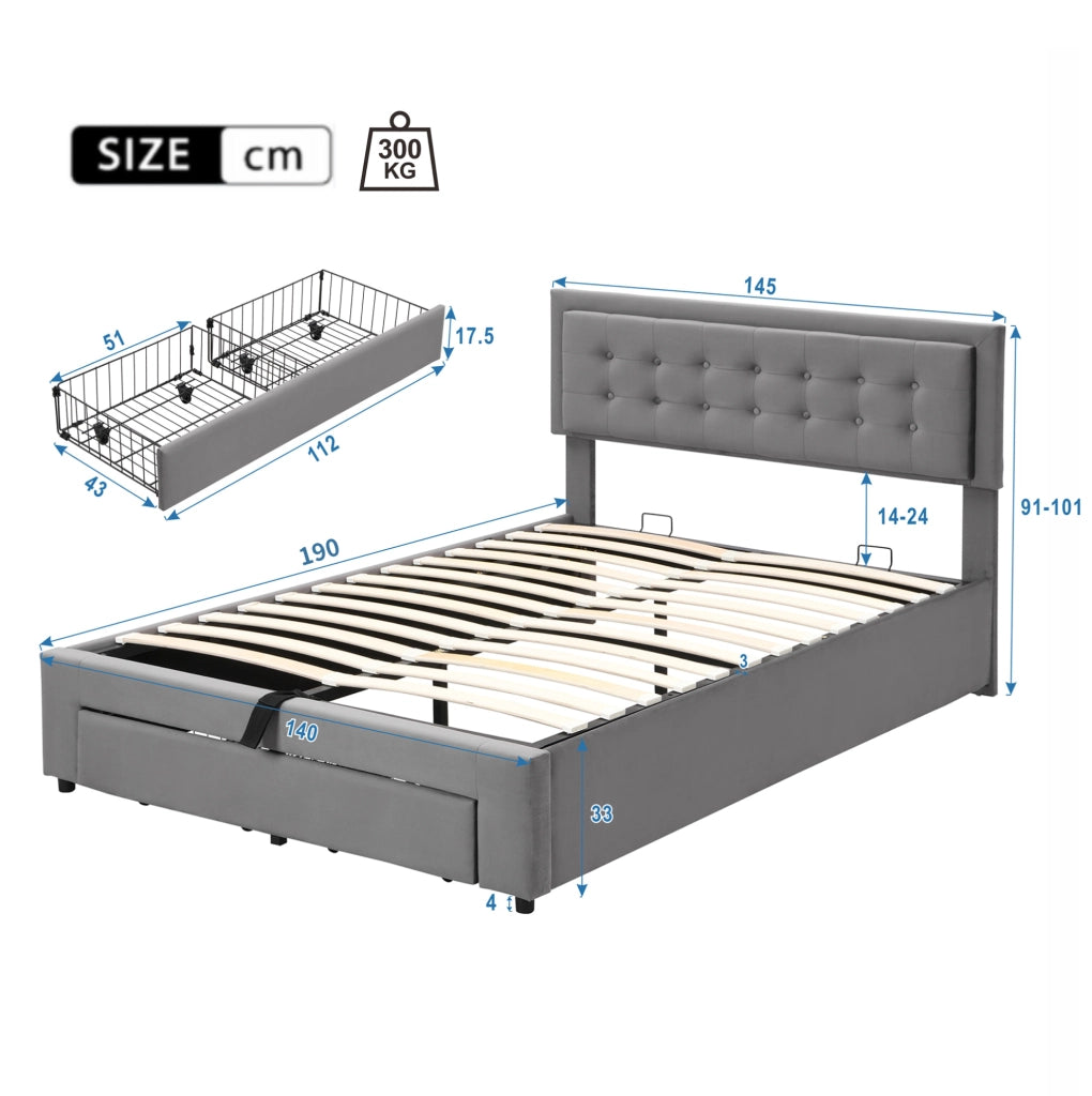 Letto contenitore 140 × 190 cm con testiera regolabile; velluto grigio