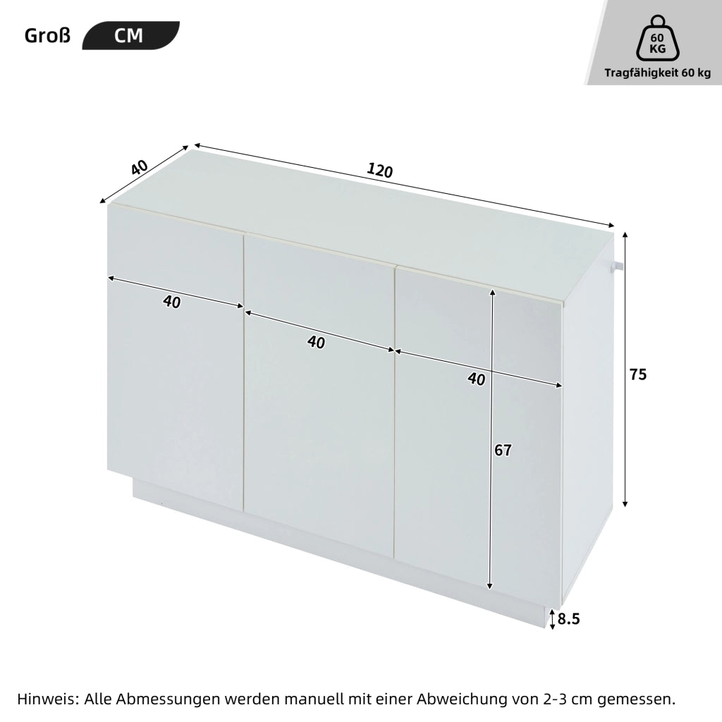 Credenza 120 × 40 × 75 cm con 3 ante e ripiani regolabili in pannello truciolare bianco lucido LED Bluetooth