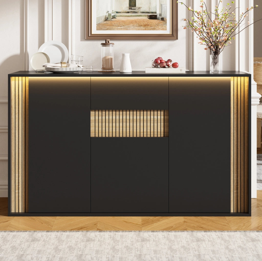 Credenza nera e naturale con 3 ante, cassetto e illuminazione LED, 140 x 40 x 82 cm