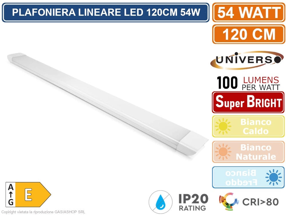 PLAFONIERA LINEARE LED UNIVERSO ALTA LUMINOSITA' 5400 LUMEN 120CM 54W IP20 - Colore Luce:Bianco Caldo