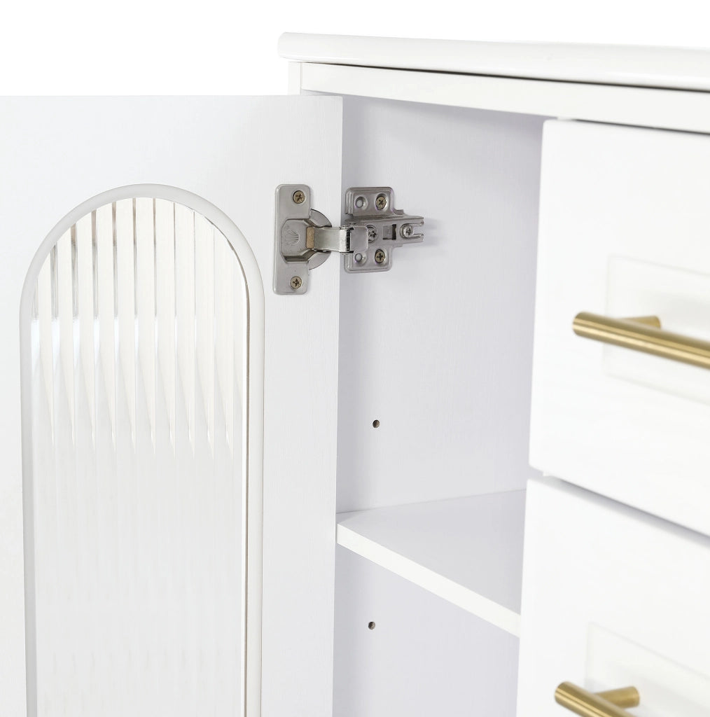 Mobile bagno sospeso 76 cm con lavabo in ceramica, finitura effetto legno bianco, anta in vetro scanalato, illuminazione LED integrata, ripiani regolabili