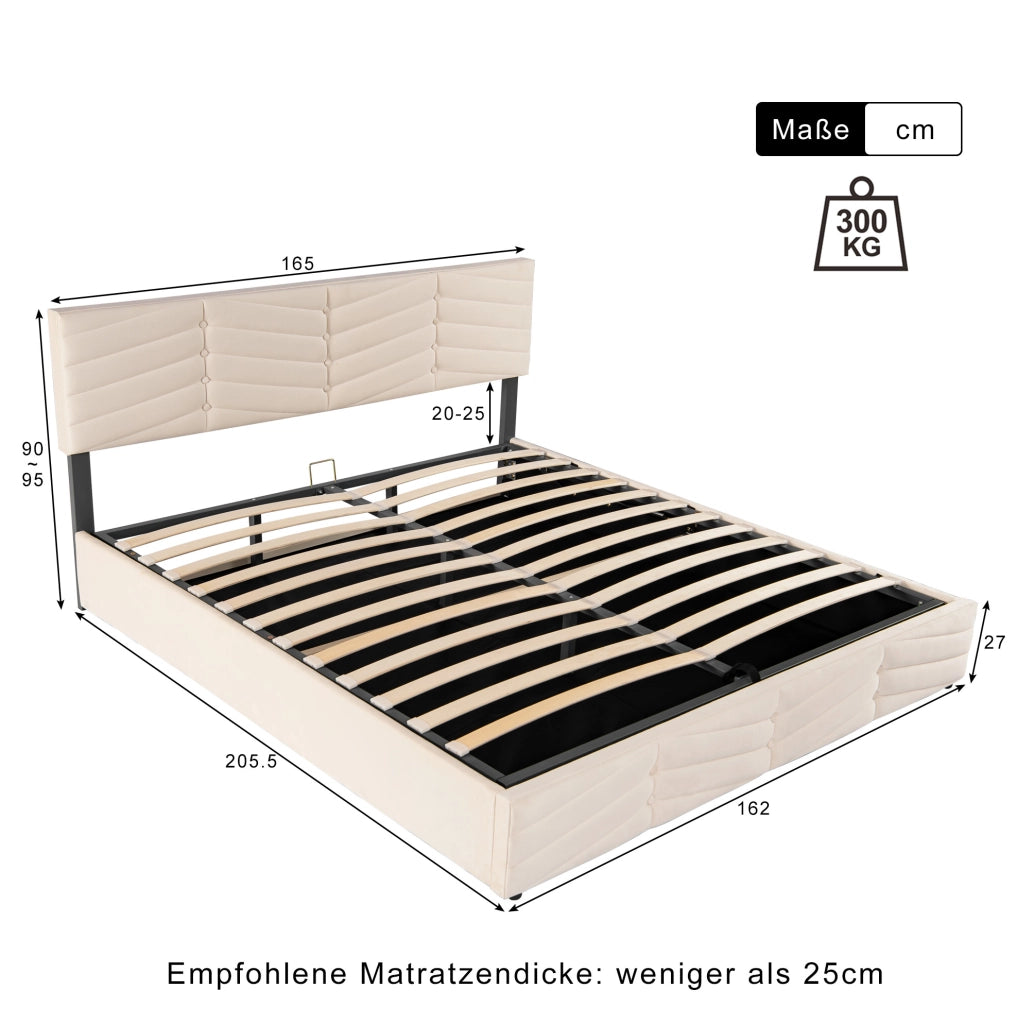 Letto matrimoniale imbottito in velluto beige 160x200 cm con contenitore idraulico e testiera regolabile