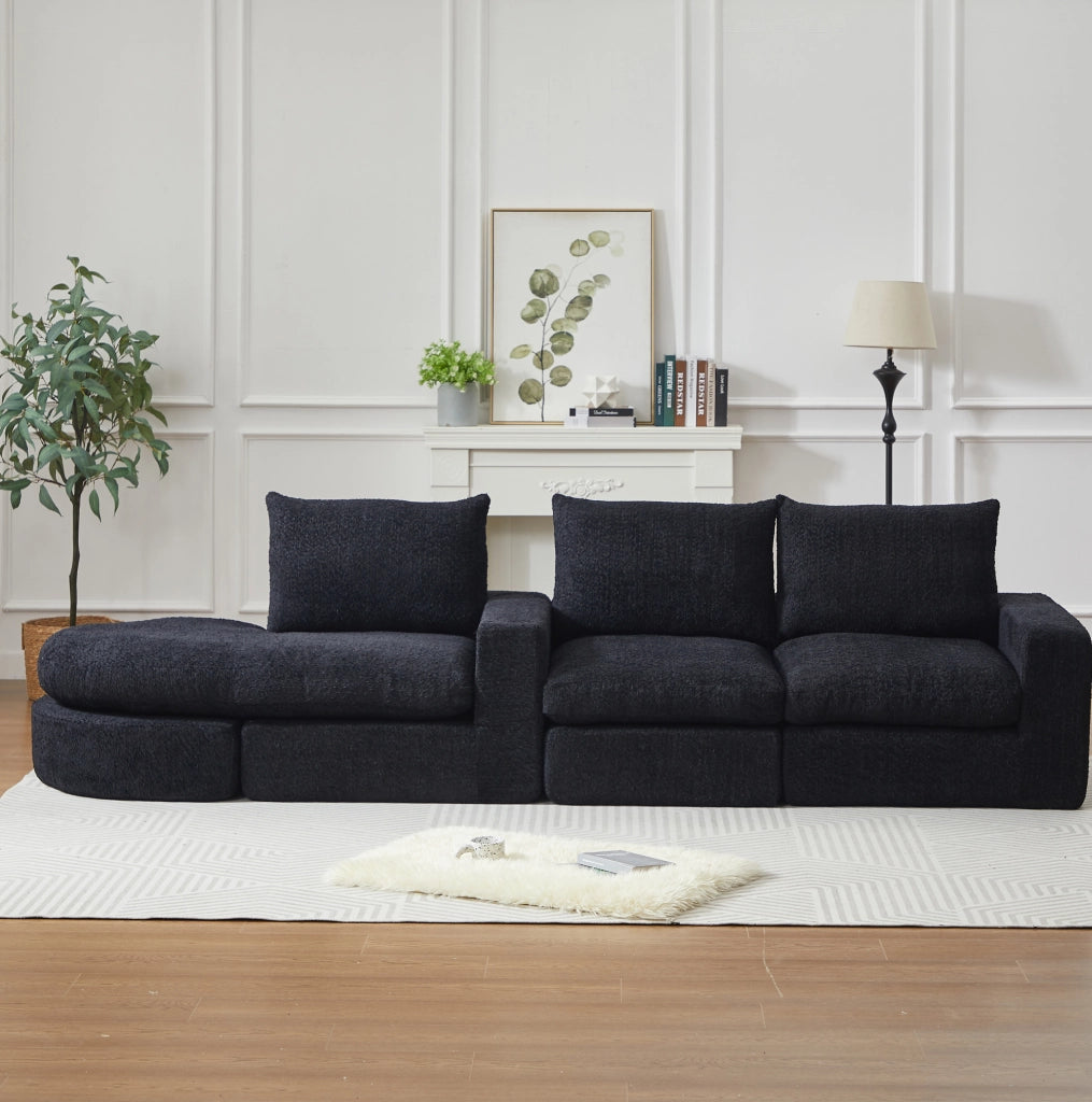 Divano modulare in ciniglia nero con chaise longue reversibile