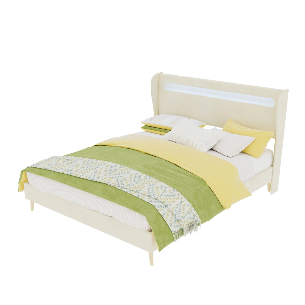 Letto imbottito 140x200 cm beige con testiera retroilluminata