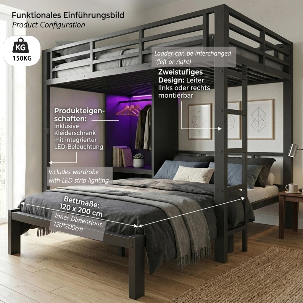 Letto a castello in metallo nero 120 x 200 cm con armadio integrato e luce LED per cameretta