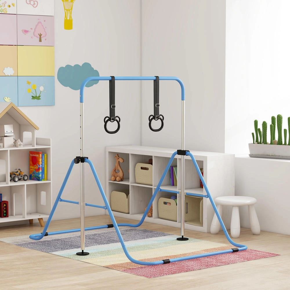 Barra da ginnastica per bambini pieghevole con anelli altezza regolabile blu per casa