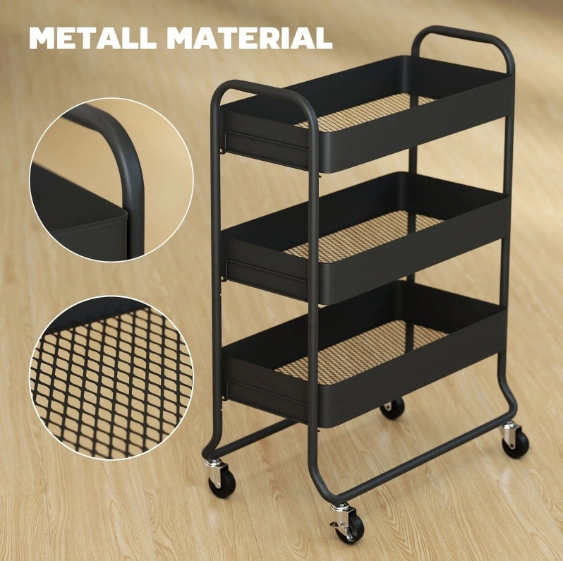 Carrello da cucina nero in metallo con 3 cestelli e 4 ruote, 64,5x34x87 cm