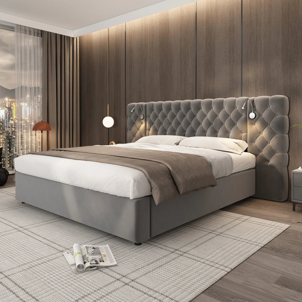 Letto contenitore 160 ¡Á 200 cm con due comodini rete a doghe in legno rivestito in lino grigio e nero