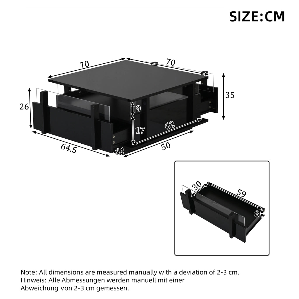 Tavolino da caffè con 2 cassetti e LED, in truciolare, 70×70×35 cm, nero
