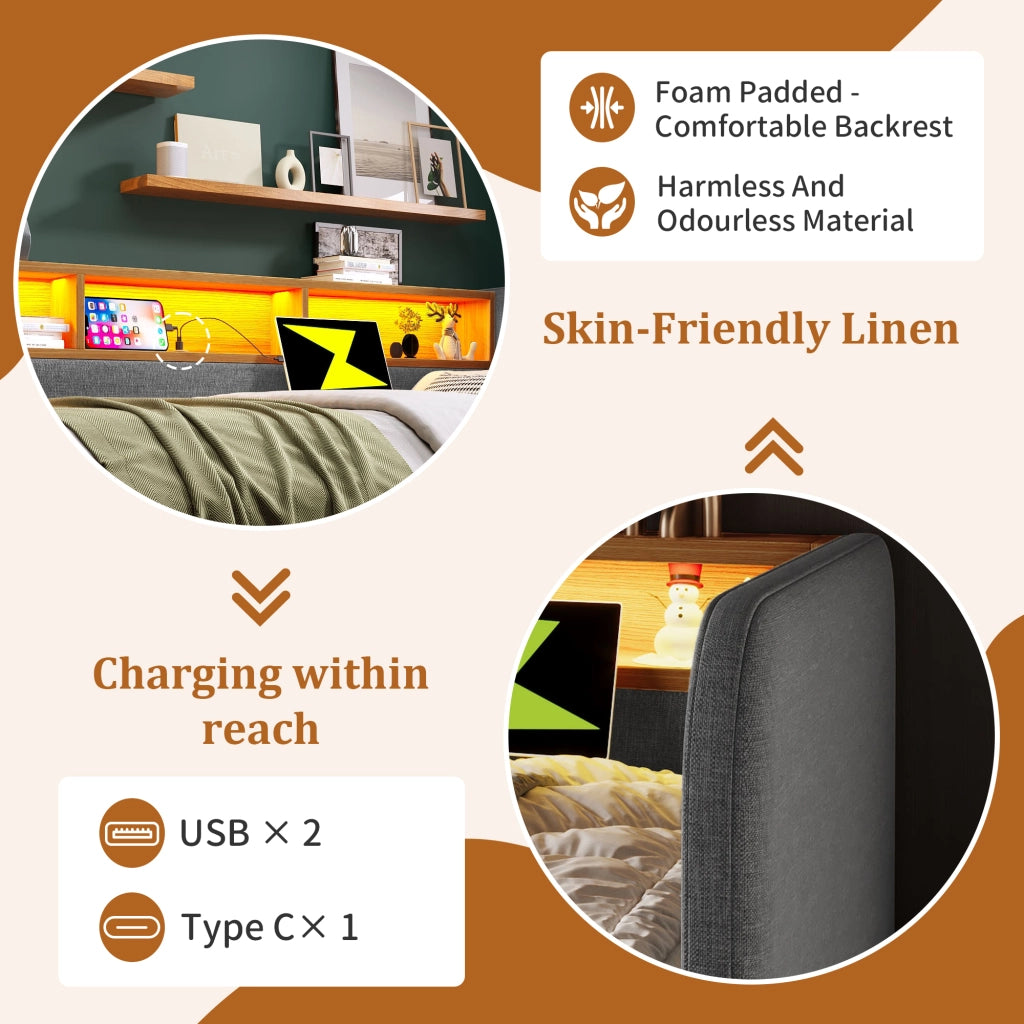 Struttura letto 140 × 190 cm con LED USB e type C due cassetti testiera con ripiano in lino grigio