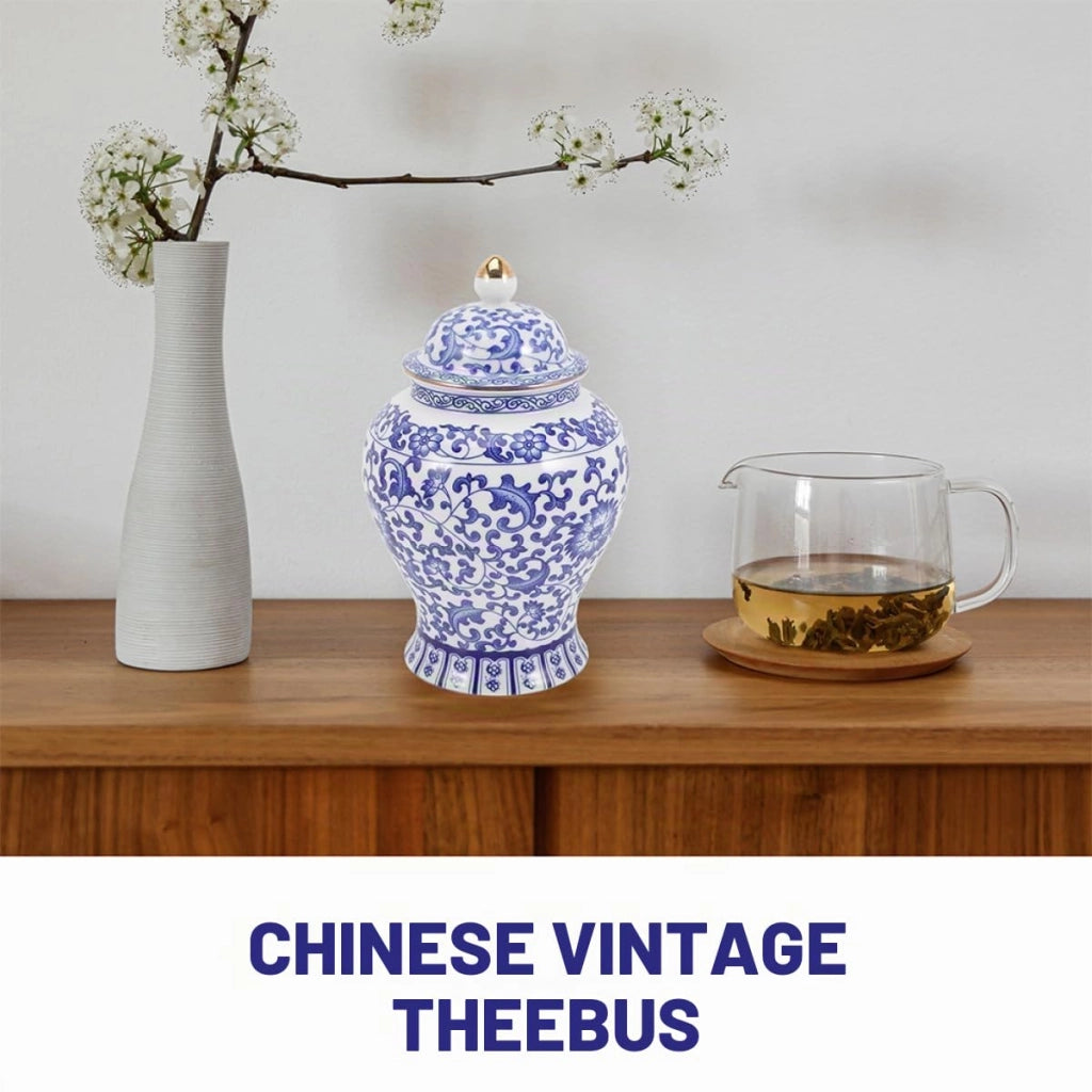 Contenitore per tè in Vetroceramica, 1300 ml, stile vintage, porcellana, con coperchio, bianco e blu