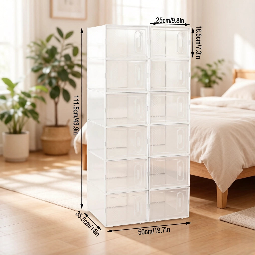 Scatole portascarpe impilabili set da 12 trasparenti e bianche 25 × 18,5 × 35,5 cm in plastica con apertura frontale