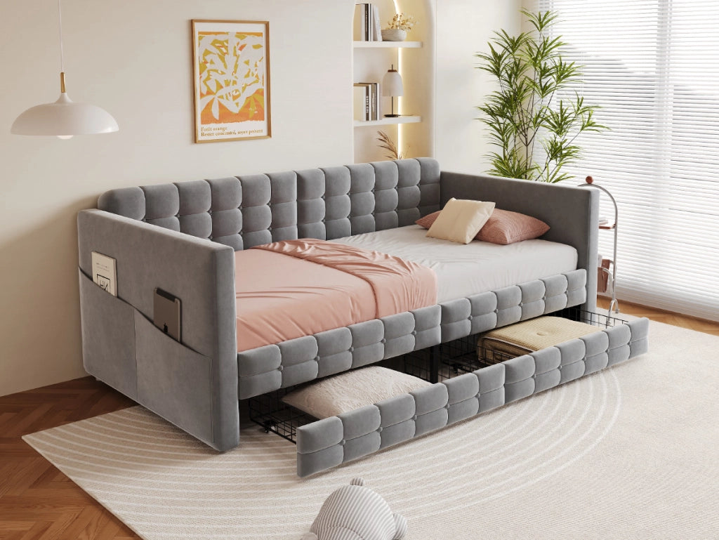 Letto Singolo 90x190 cm in Velluto Grigio con Contenitori Laterali e Due Cassetti Sotto il Letto