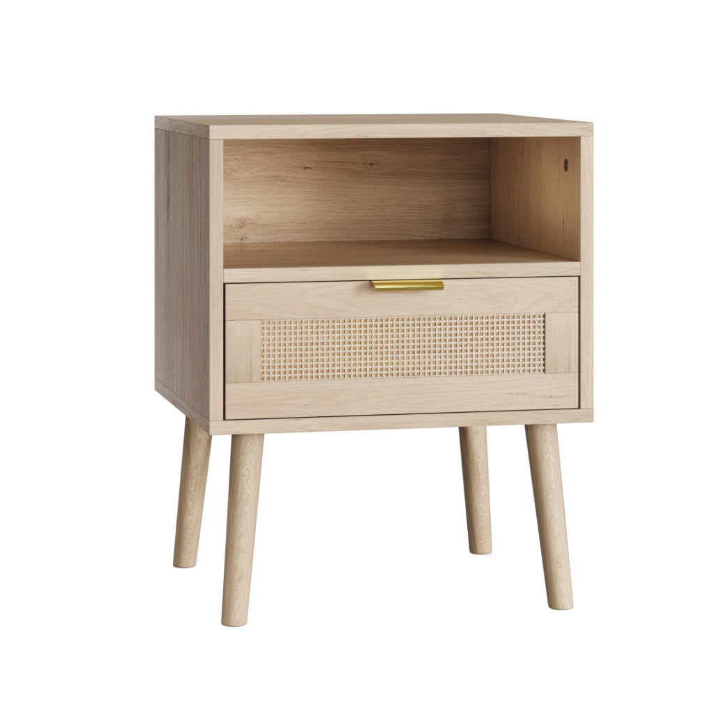 Comodino in MDF con struttura in legno massello e cassetto in rattan naturale, 45x40x55 cm, stile bohémien con maniglia dorata