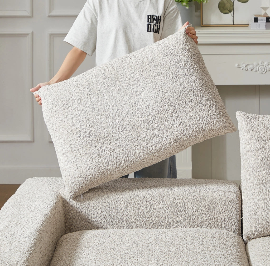 Divano modulare in ciniglia beige con seduta allungata reversibile