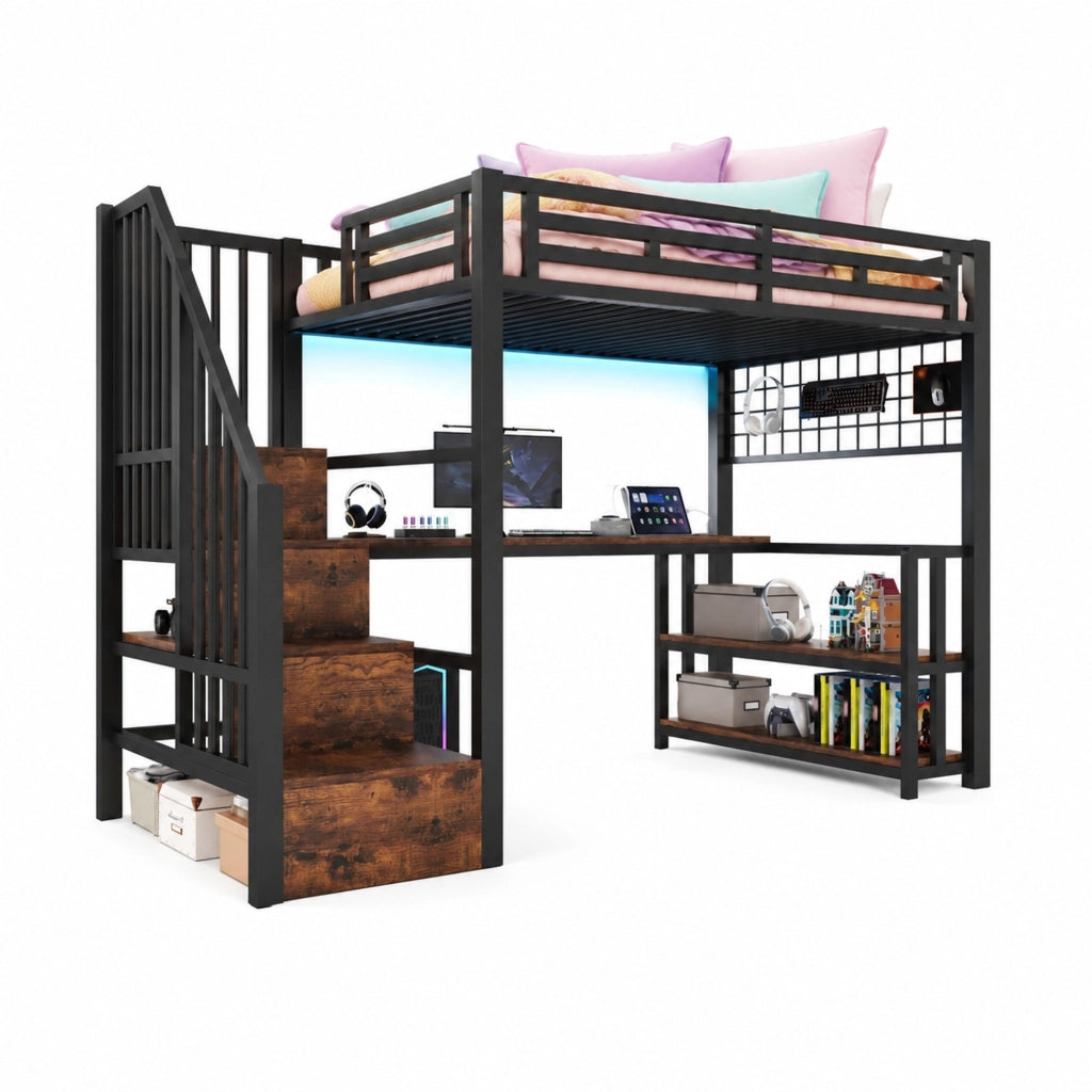 Letto a Castello 90x200 cm con Struttura in Ferro, Mensola, Rete Appendibile, Striscia LED, Scrivania, Scale con Spazio di Stoccaggio, 2 Porte USB e 1 Porta Tipo-C, Nero, Senza Materasso