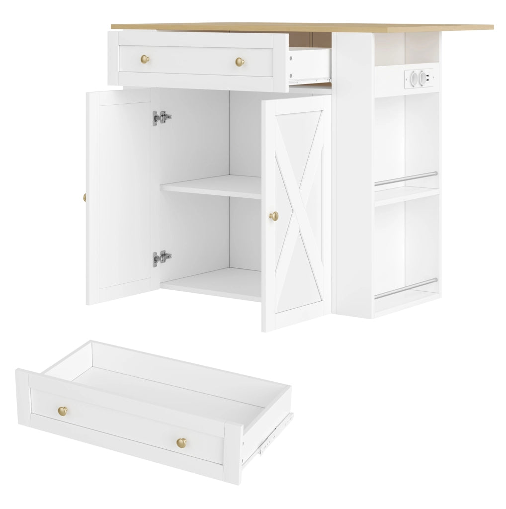 Isola da cucina 120x75x97 cm con piano pieghevole e prese USB in MDF bianco