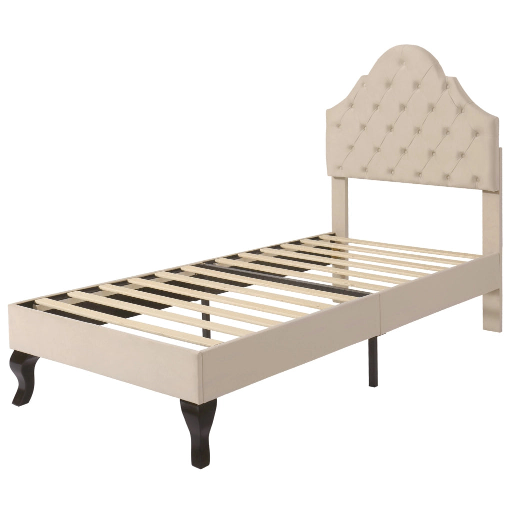 Letto singolo imbottito 90x200 cm con testata regolabile in altezza, rete a doghe in legno, velluto beige
