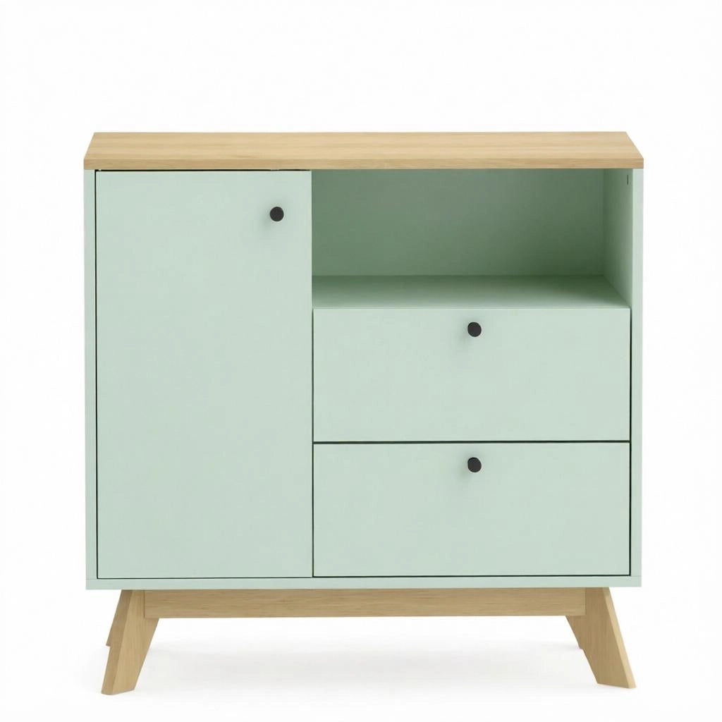 Credenza 80 × 35 × 76,3 cm con un'anta due cassetti vano aperto ripiano regolabile in MDF verde chiaro e rovere