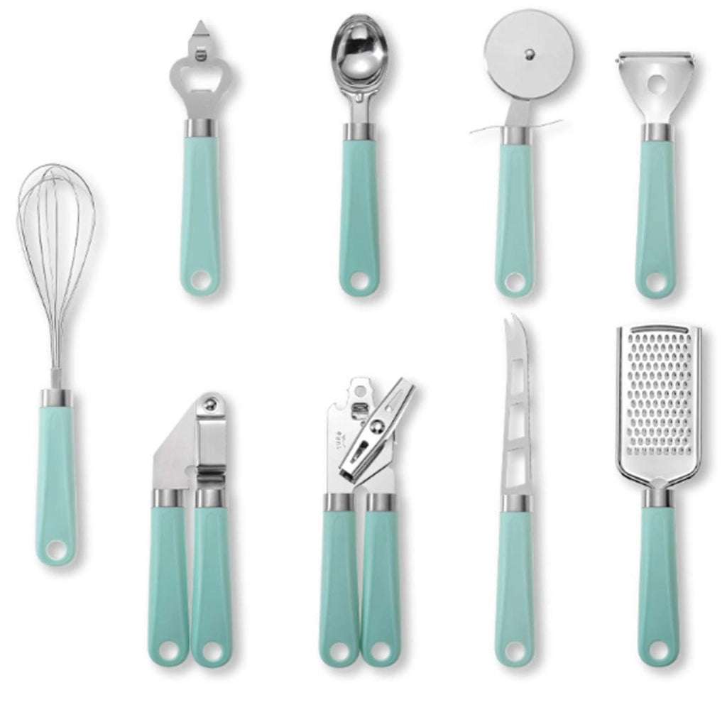 Set di 9 utensili da cucina in acciaio inossidabile, color verde chiaro