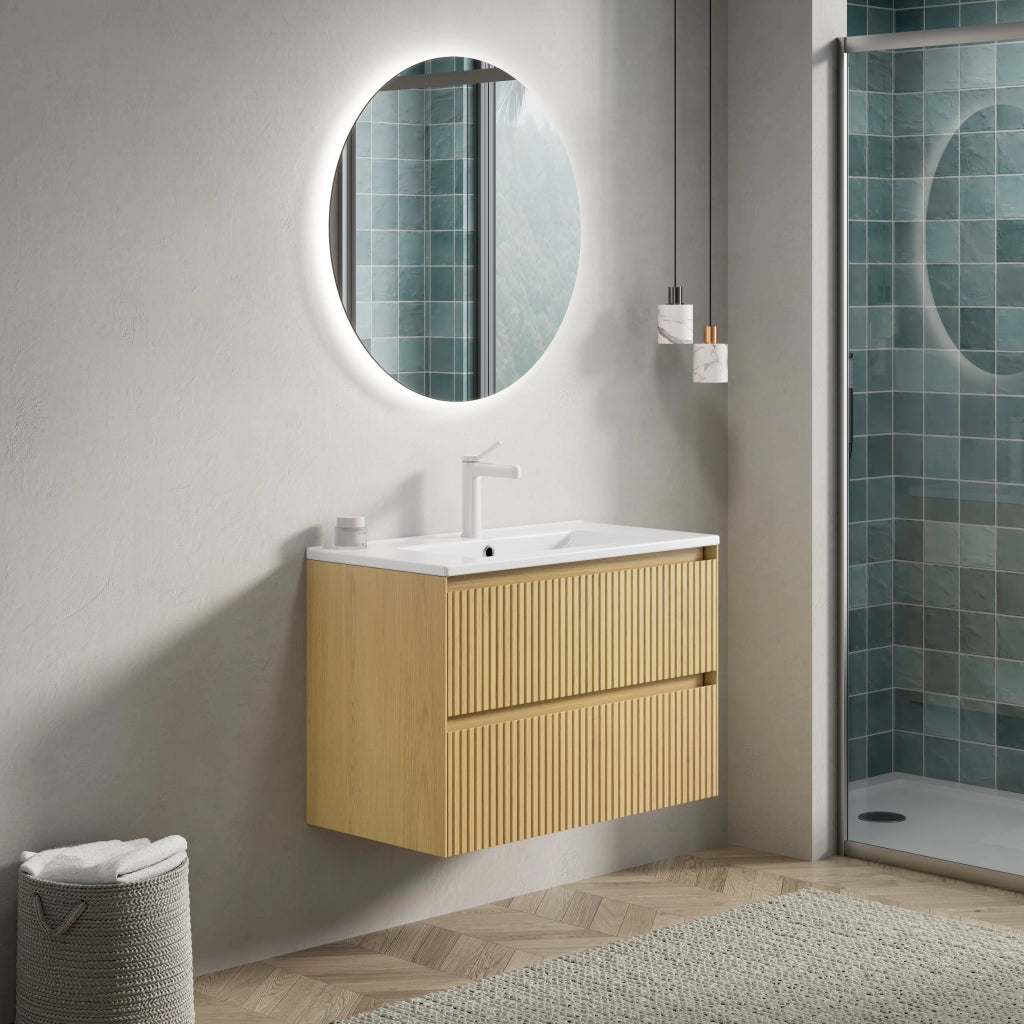 Mobile bagno sospeso 75 cm con lavabo integrato in ceramica; 2 cassetti con chiusura ammortizzata; rovere dorato e bianco