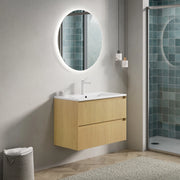 Mobile bagno sospeso 75 cm con lavabo integrato in ceramica; 2 cassetti con chiusura ammortizzata; rovere dorato e bianco