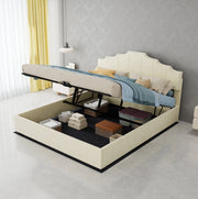 Letto matrimoniale 160x200 cm con testiera geometrica in tessuto e metallo beige