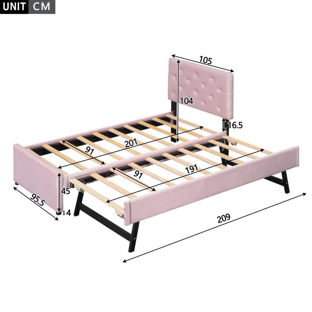 Letto imbottito 90x200 cm con rete a doghe e letto estraibile in velluto rosa