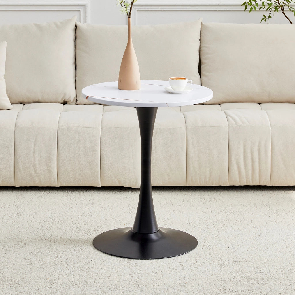 Tavolino da salotto rotondo in MDF e metallo bianco e nero con base centrale e piedini antiscivolo