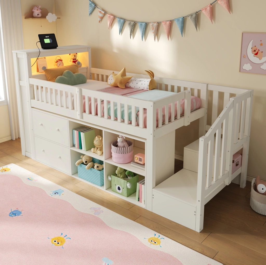 Letto a soppalco 90x200 cm con scala contenitore; cassetti; LED e USB in pino e MDF bianco