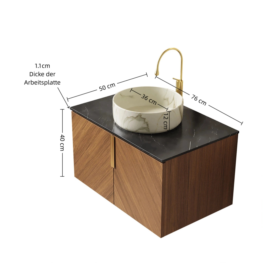 Mobile bagno sospeso 76 cm con lavabo in ceramica rotondo bianco effetto pietra e piano in pietra sinterizzata nera, armadietto in compensato con finitura rovere marrone
