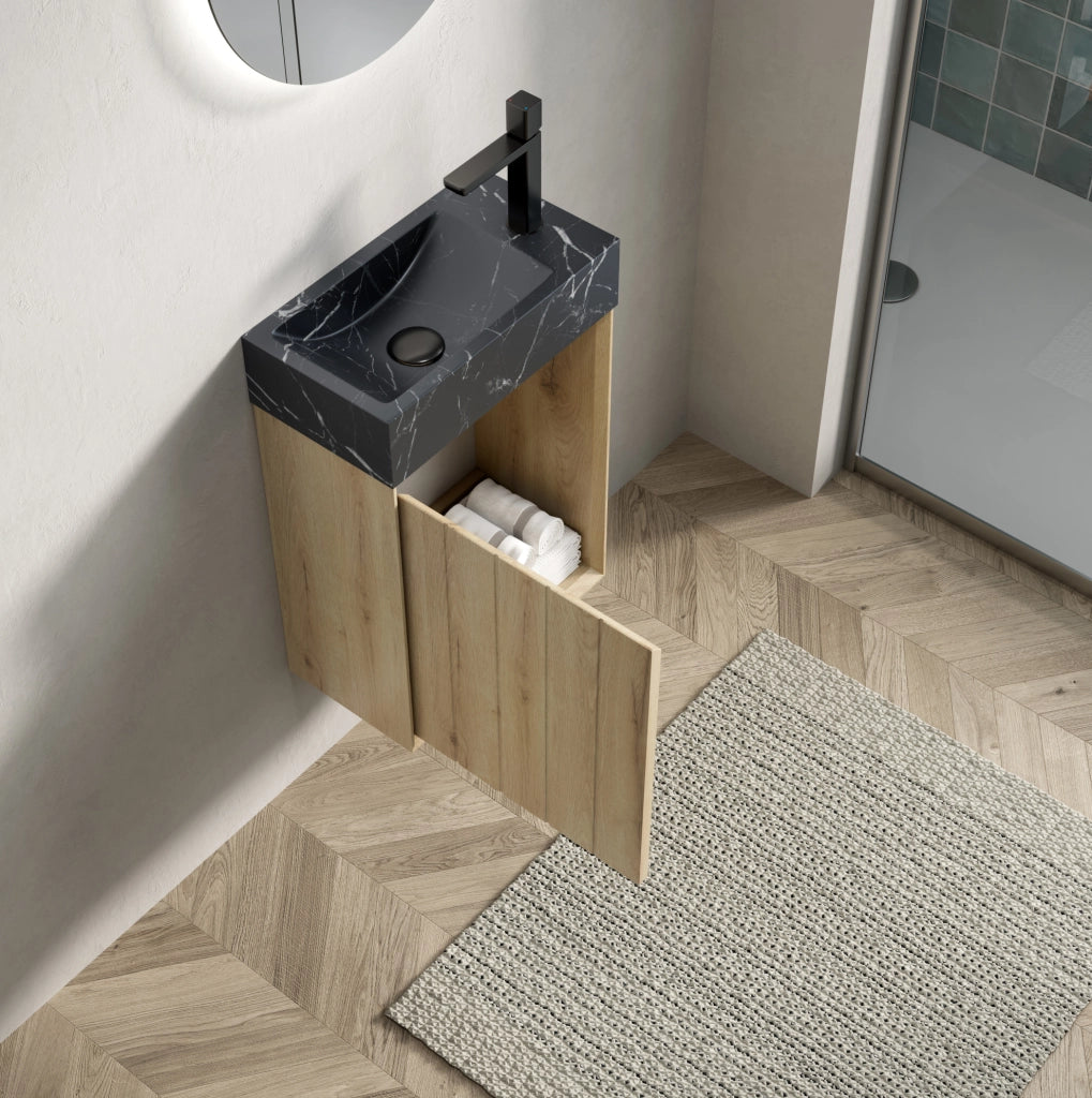 Mobile bagno con lavandino in marmo nero 40 cm, mobile in multistrato con porta in legno di rovere bianco effetto venatura