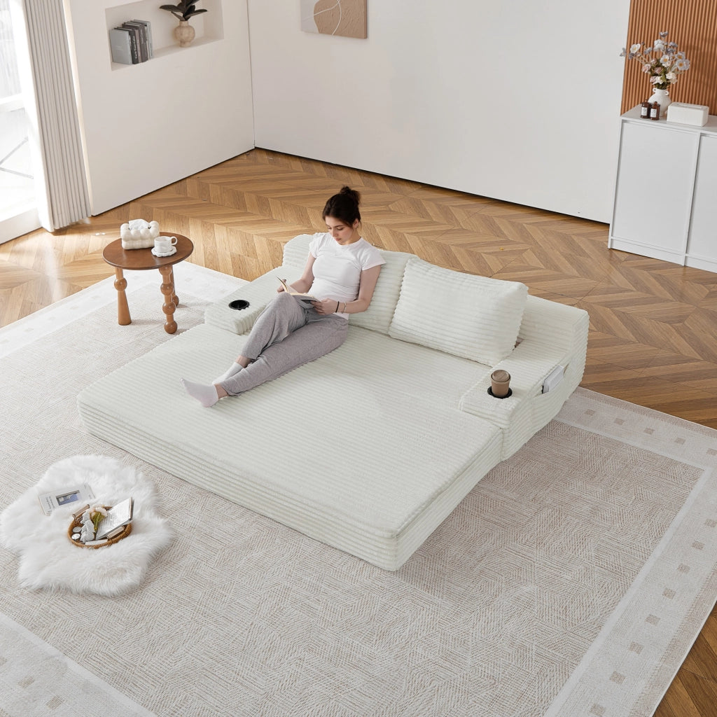 Divano letto 2 in 1 in velluto a coste beige con portabevande