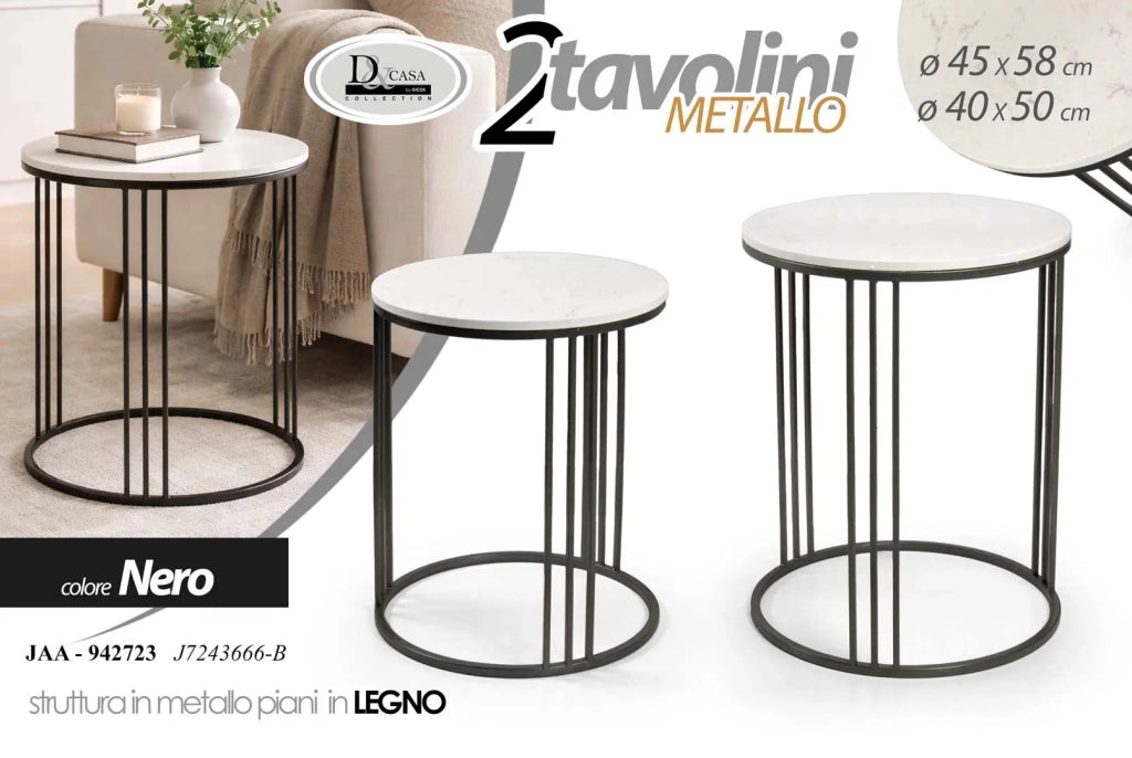 Set 2 tavolini tondi in ferro colore nero/bianco