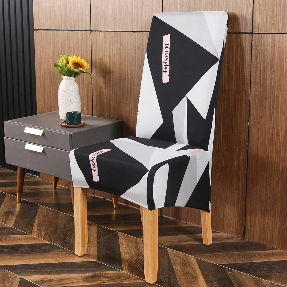 Set di 4 copri-sedie elasticizzati, color grigio, bianco e nero, adatti a sedie con schienale di 60-75 cm