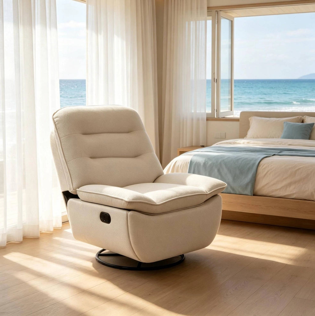 Poltrona relax girevole e dondolante beige con poggiapiedi