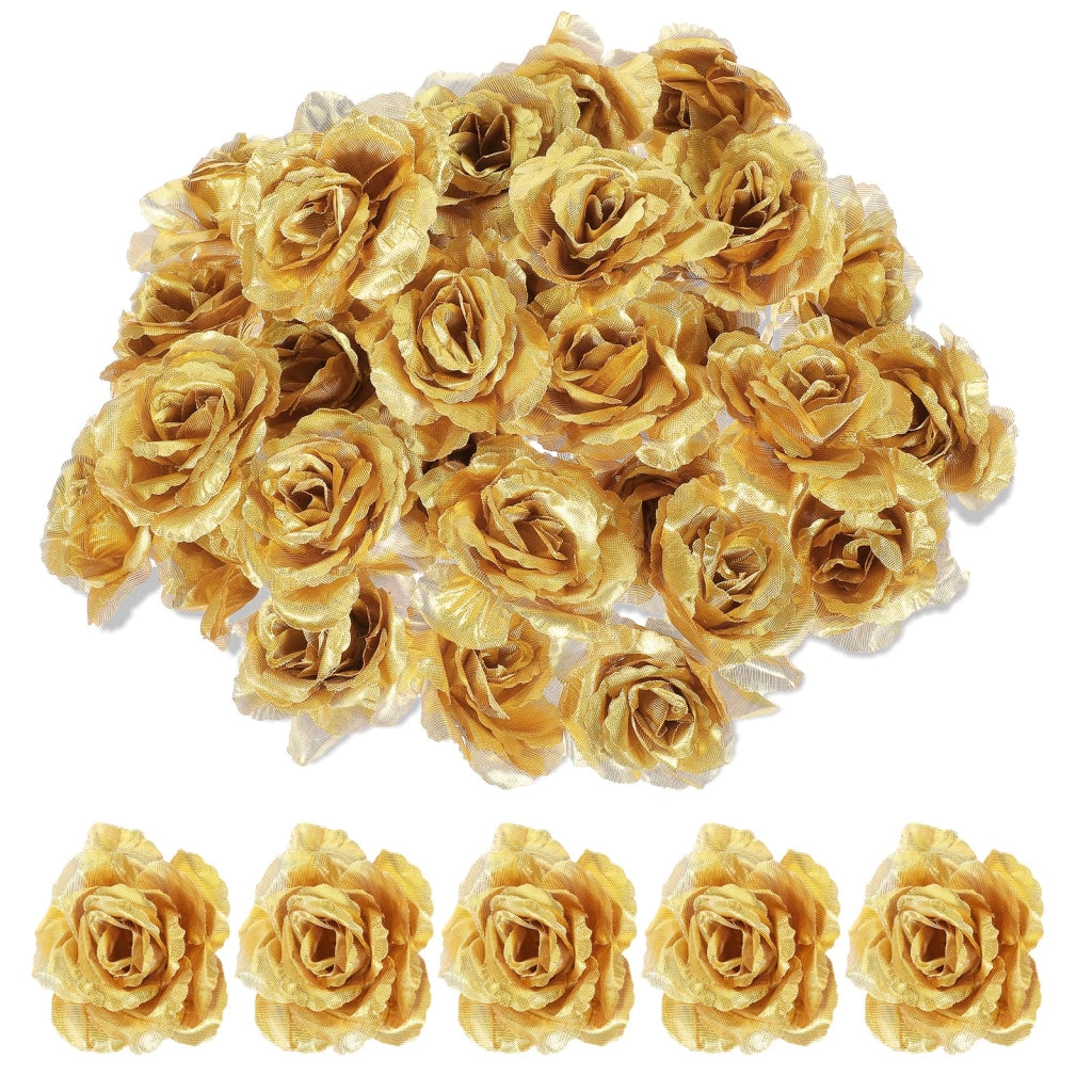 30 teste di rose artificiali dorate, 7 cm, in seta, per decorazione
