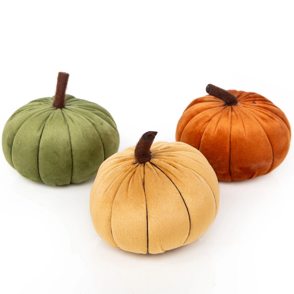 3 zucche decorative in tessuto, ideali per l'autunno, nei colori arancione, giallo e verde, dimensioni 10x9 cm