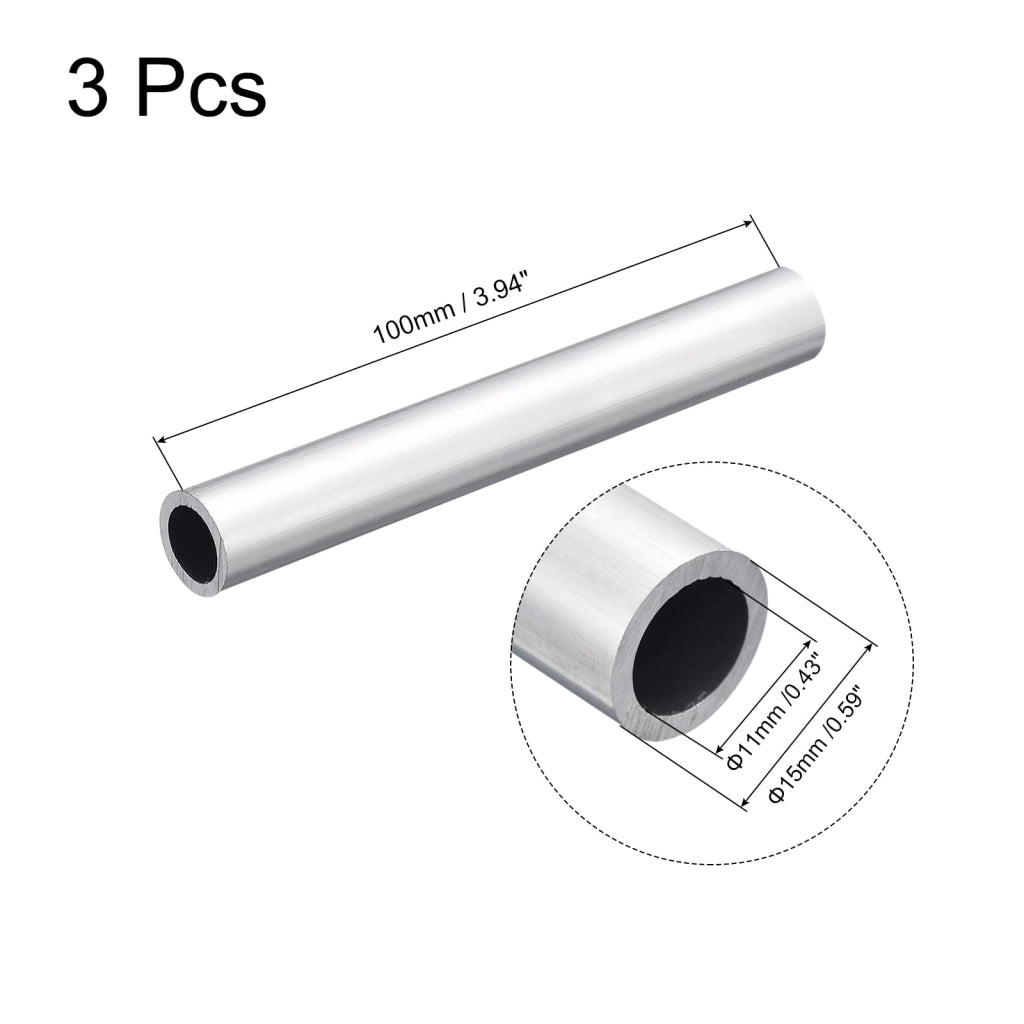 Confezione da 3 tubi rotondi in alluminio, dimensioni 15x11 mm, lunghezza 100 mm